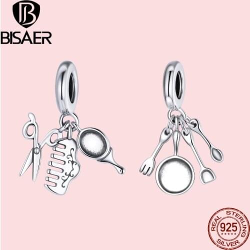 BISAER 100% 925 Sterling Silver Make Up Set Cooking Utensils Set Charms Beads Fit Original DIY Bracelet Jewelry Making ECC1887