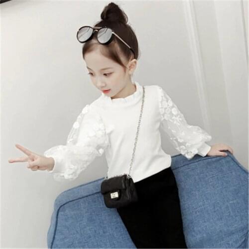 2018 Girls Blouse White Lace Puff Long Sleeve Autumn Cotton Baby Toddler Teenager Girl Shirt Kids Tops Children Clothes A3035