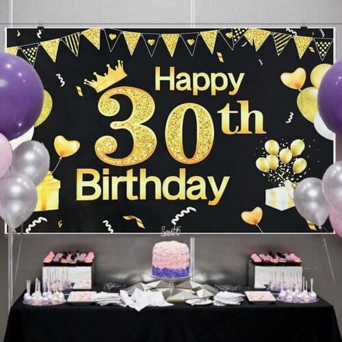 Large Happy Birthday Black Gold Backdrop For Baby Shower Hanging Decor Adults 30th 40th 50th Birthday Party Supplies Photo Props