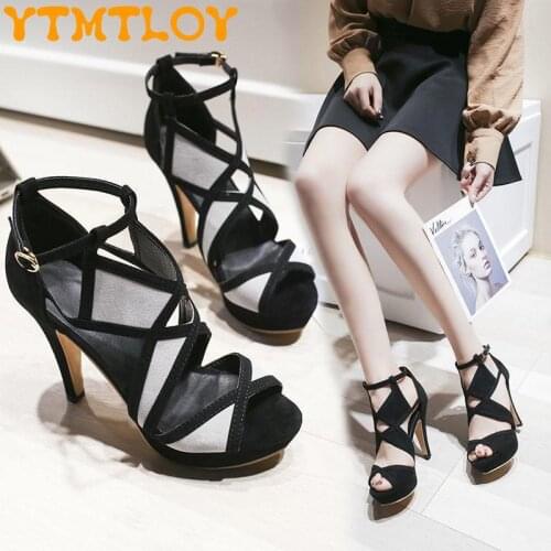 Large size fish mouth high heels stiletto sandals suede hollow color matching sexy high heels nightclub womens shoes tide
