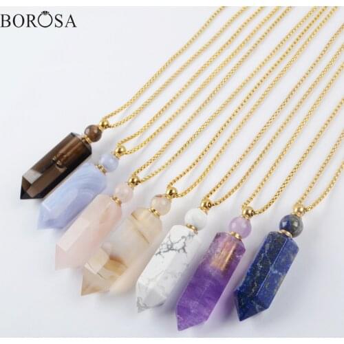 BOROSA Natural Gems Stone Perfume Bottle Pendant Necklace for Women Amethysts Agates Essential Oil Diffuser Necklace WX1506