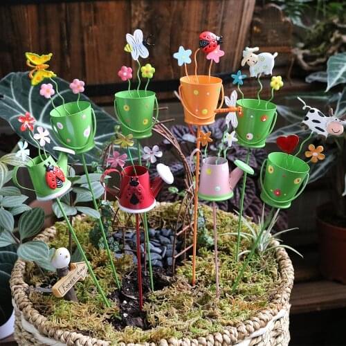 FairyCome Miniature Painted Tin Watering Can and Bucket Picks Metal Craft Decoration Pick for Flower Pot Fairy Garden Supplies