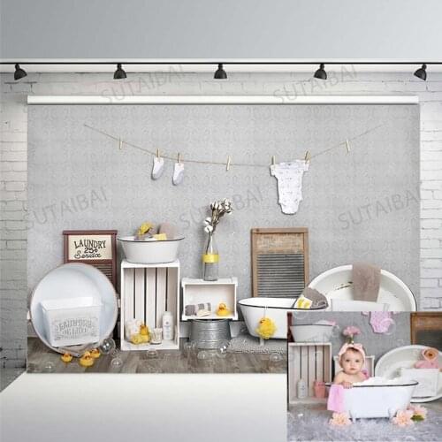 Bathroom Hot Bath Children Portrait Backdrop Photo Studio Yellow Rubber Duck Wooden Floor Birthday Cake Smash Background Decor