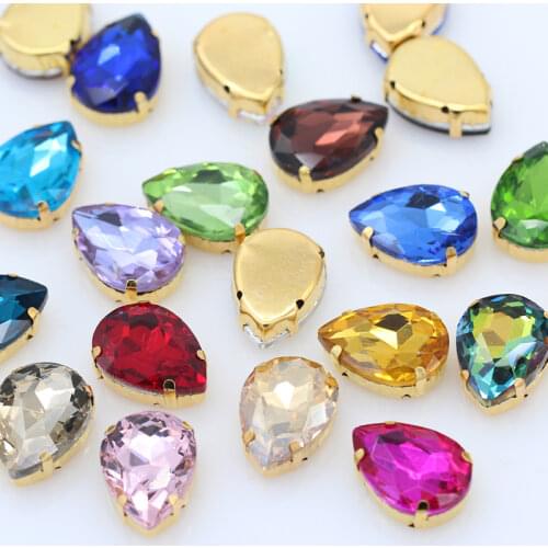 Multi Sizes 24-Colors Sew On Water Drops Rhinestone Golden Claw Teardrop 4-Holes For Jewels Needlework Wedding Dress Bag Trims