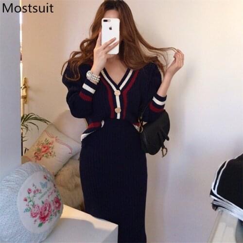 Korean Vintage Knitted Two Piece Skirt Sets Women Color-blocked Cardigan + Pencil Skirt Suits Elegant Fashion Ladies Sets 2021