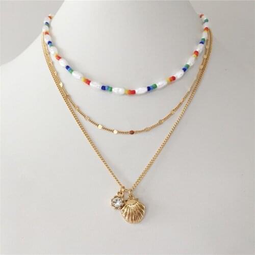 Trendy Gold Color Plating Clear Stone Small Shell Charm Colorful Red Green Red Blue Bead Pearl Strand Lariat Necklace Jewelry