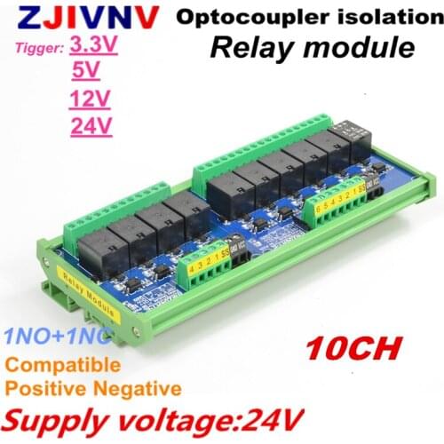 DC 24V 10 channels Optocoupler isolation Relay Interface Module tigger voltage 3.3V 5V 12v 24V PLC Signal Amplification Board