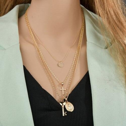 Modyle Bohemian Cross Key Pendant Gold Necklace Set for Women Virgin Mary Female Necklace Fashion Valentines Day Gift Jewelry