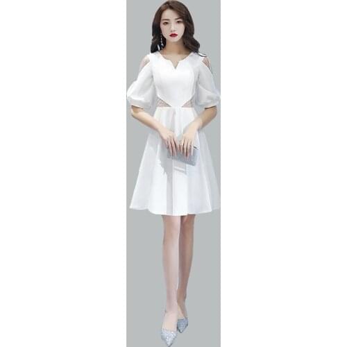 Solid Color Formal Party Dress CR463 V-Neck Half Sleeve Vestidos De Fiesta White A-Line Prom Gowns Zipper Dresses For Women