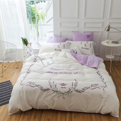 Luxury Lavender Flower Embroidery Super Soft Washed Cotton Bedding Set White Purple Splicing Duvet Cover Bed Sheet Pillowcases