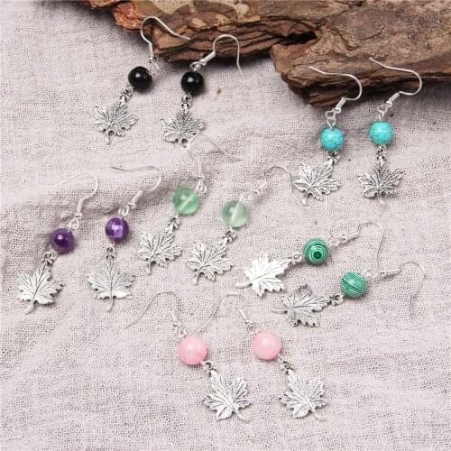 Silver color Maple leaf charm round green pink stone beads earring jewelry for women lady handmade earring gifts bulk wholeasale