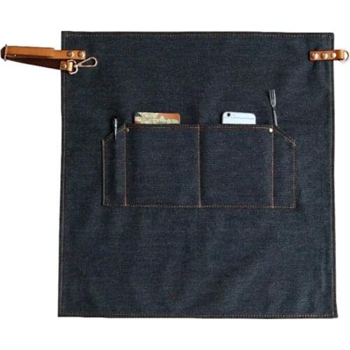 Half Length Blue Denim Apron Leather Straps Barber Barista Bartender Chef Catering Uniform Florist Painter Artist Work Wear K24