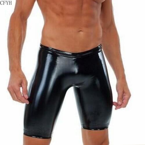 Sexy Men Underwear Black Solid Faux Patent Leather Fitness Shorts Boxer Underpants Long Gay Male Panties Erotic Lingerie
