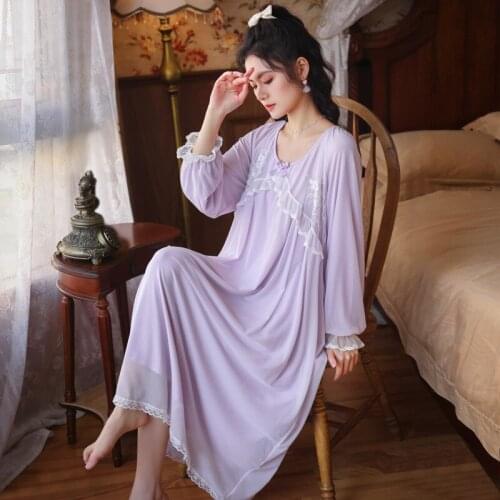 Roseheart Purple Women Homewear Female Sexy Sleepwear Night Dress Long Lace V Neck Nightwear Nightgown Sleepwear Court Gown