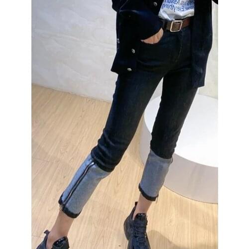 Woman Jeans Pants Color Matching Zipper Straight-Leg Pants Autumn Winter High Waist Trousers Pantalones Vaqueros Mujer