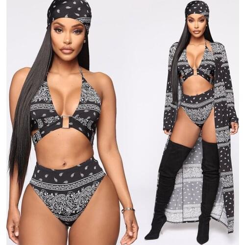 Donsignet Women Bikini Suit Sexy Womens Printed Swimsuit 4-piece Set Cover-Ups Women Fashion Sexy Bikini Sets Beach Dress
