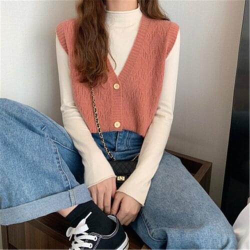 Korean Leisure Sleeveless Female Vintage Sweaters Waistcoat 2021 Knitted Vest Woman Single Breasted V-neck Knitted Sweater Tops