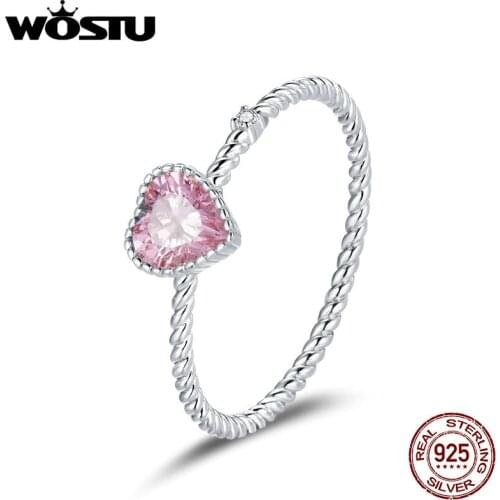WOSTU 2020 Arrival Finger Ring Real 925 Sterling Silver CZ Pink Heart Shaped Rings for Women Engagement Jewelry Gift Anel DAR157
