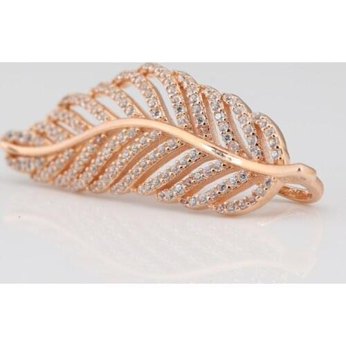 Authentic S925 Bead Rose & Clear CZ Light As a Feather Charm fit Lady Necklace Girl Birthday Gift