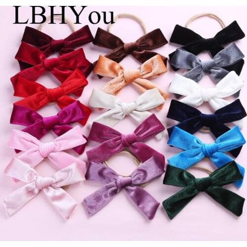 15pcs/lot Velvet Bows Nylon Headbands For Girls,Handmade Elastic Knotbows Nylon Hairbands For School Girls,Baby Kids Head Wraps