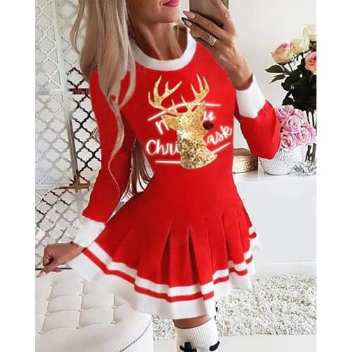 2020 Women Elegant Fashion Christmas Snowflake Print Long Sleeve Pleated Dress Lady Skinny Slim Fit Party Dress