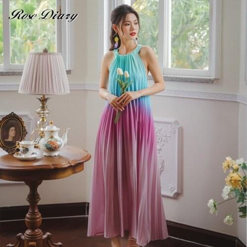 2021 Summer Fashion Women MidiLong Dress Chic Color Gradient Loose Pleated Dresses Womens Sleeveless Halter Dinner Dress