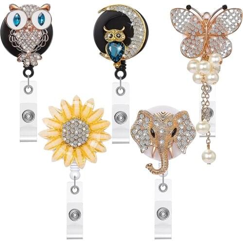 5 Pieces Rhinestone Retractable Badge Reel Cute Animal Name ID Badge Reel Clip for Volunteer Nurse Teacher
