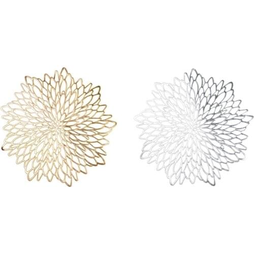 6PCS PVC Placemat for Dining Table Lace Round Embroidery table place mat Hollow Pad Coaster Pads Table Bowl Mats Gold Silver