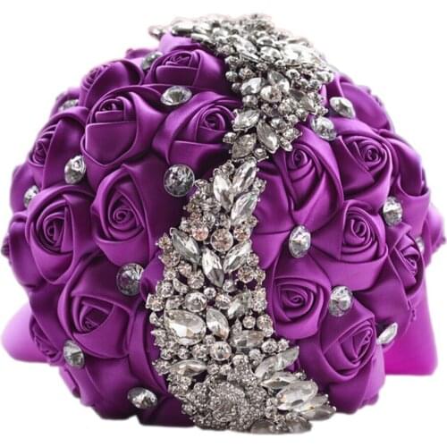 2021 Glitter Purple Crystal Silk Rose Flowers Wedding Bouquet Rhinestones Sequins Bridal Bouquets Cheap