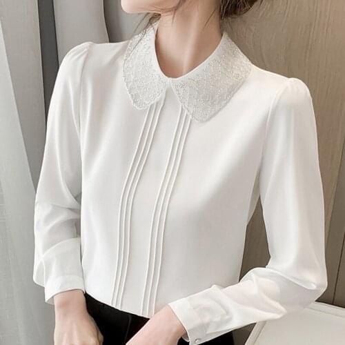 Long Sleeve Blouse Women Blusas Mujer De Moda 2021 White Blouse Beading Chiffon Blouse Shirt Women Tops Women Blouses Femme E374