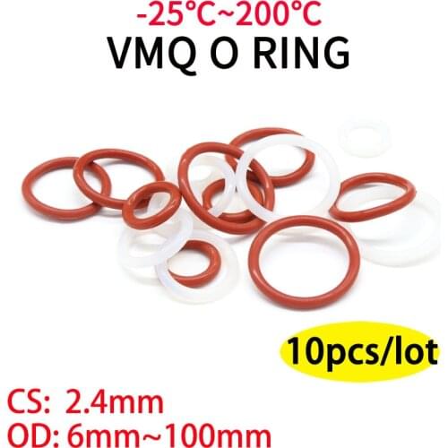 10pcs Red VMQ Silicone O Ring CS 2.4mm OD 8 ~ 68mm FoodGrade Waterproof Washer Rubber Insulated O Shape Seal Gasket