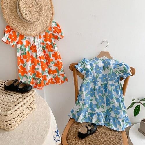 Kids Dresses For Girls 2021 Summer New Baby Korean Cotton Flowers Dress Toddler Girls Short Sleeve Princess Dress Baby Clothing