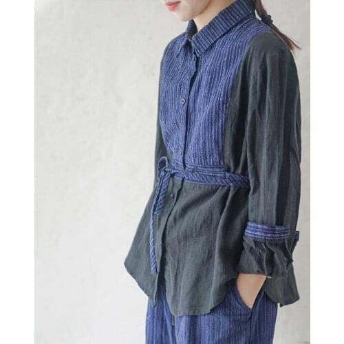 FairyNatural Ladies Vintage Cotton Linen Belt Shirts And Tops 2021 Spring Autumn Button Chinese Style Blouses Patchwork