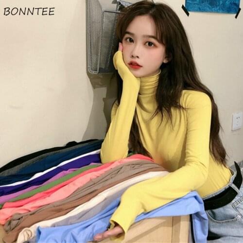 Long Sleeve T-shirts Women Autumn Colorful Turtleneck Simple Basic Elastic Elegant Lady All-match Sweet Ulzzang Ins Fashion Tops