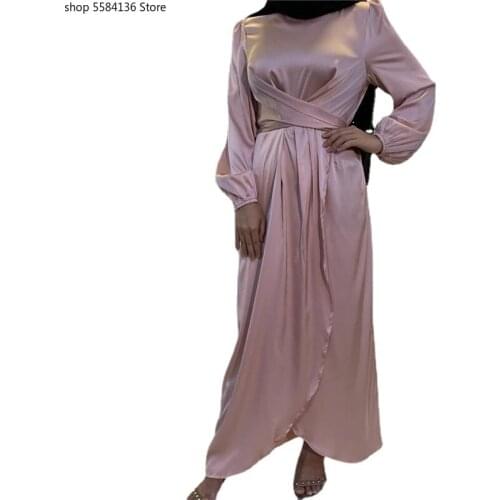 Eid Satin Abaya Dress Muslim Women Solid Color Wrap Front Long Sleeve Ruffles Long Maxi Dress Summer Dubai Turk Modest Wear