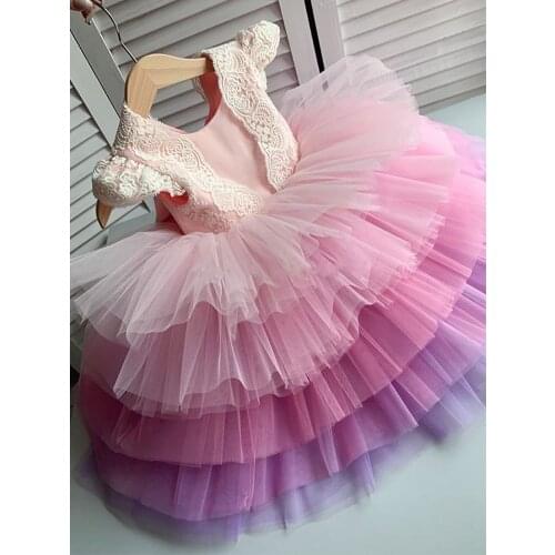 Custom New Girls Clothes Tierd Tulle Princess First Birthday Party Gown Cap Sleeve Kids Clothing Size 1-14Y
