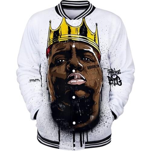Hip HOP Notorious B.I.G. Men Baseball Jacket College Varsity Jacket 3D Print Biggie Smalls Rapper Hip Hop Mens Coat Loose Casual