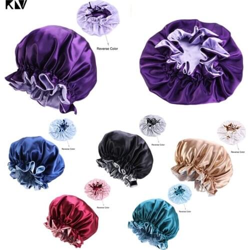 KLV Women Double Layer Satin Sleep Bonnet Cap Extra Large Adjustable Elastic Ruffles Reversible Hair Loss Round Chemo Night Hat