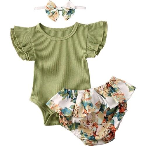 Newborn Baby Girl Clothes Solid Color Fly Sleeve Romper Tops Ruffle Flower Print Shorts Headband 3Pcs Outfits Clothes