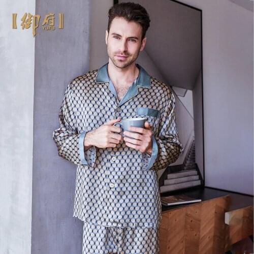 Royal house brand long sleeve mens silk pajamas two suit 100% mulberry silk pajamas high-grade silk household to take