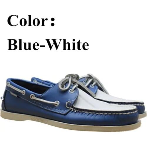 Men Women Genuine Leather Docksides Casual Boat Shoes,Brand Designer Flat Loafers For Homme Femme Blue White X128