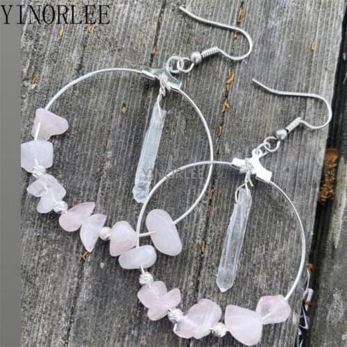 Rose Quartz and Clear Crystal Hoop Bohemia Earrings Stars Dangle Witch Jewelry Healing Halloween Statement Jewelry Women Gift