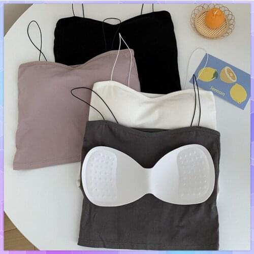 Sexy Elastic Camis Womens Crop Top Summer White Tube Top Sleeveless Short Tank Tops Wireless Bralette Strap Chest Pad Camisole