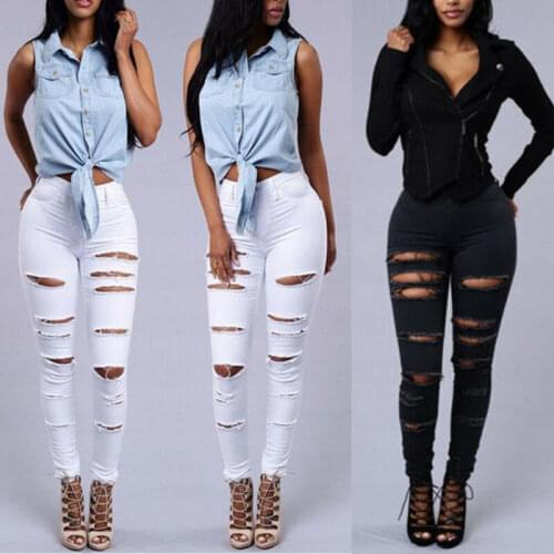 Skinny Jeans Women Denim Holes Pants Destroyed Pencil Pants High Waist Casual Trousers Black White Stretchy Ripped Jeans