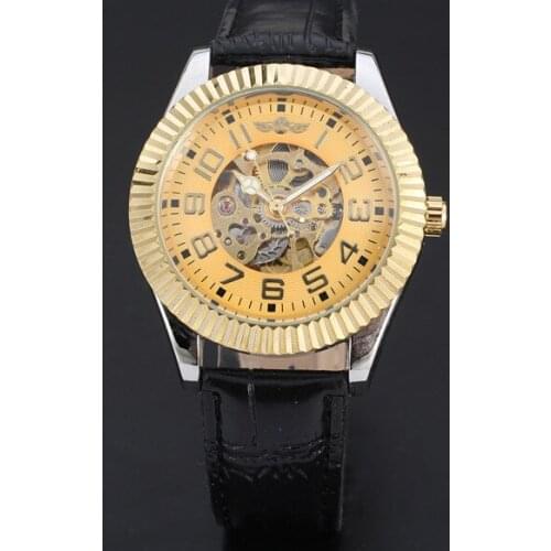 WINNER Unisex Fashion Watches Golden automatic Hollow Mechanical Watch Casual Movement Leather Strap Watch