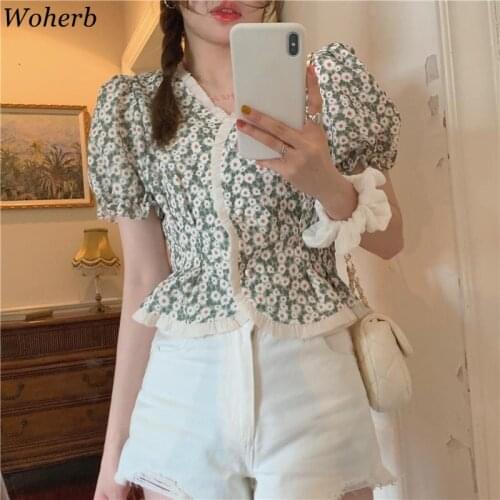 Woherb 2021 Summer Korean Vintage Chiffon Crop Tops Blouses Women Floral Print Puff Sleeve V-neck Sshirt Chic Ladies Blusas