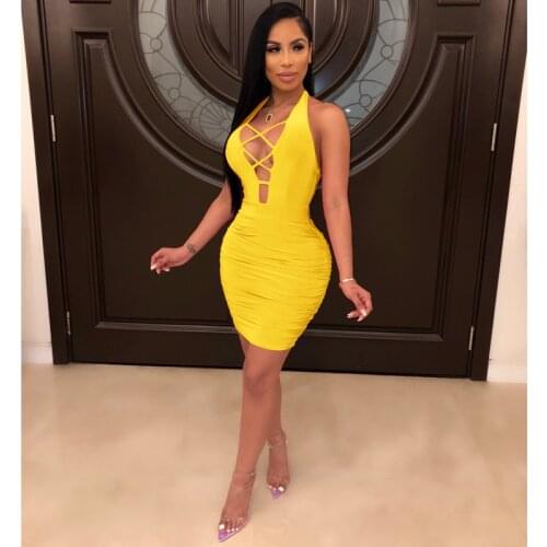 Summer Clothing Sexy dress nightclub Halter backless Solid pleated bandage Dresses for Women Streetwear Y2k Wholesale Items