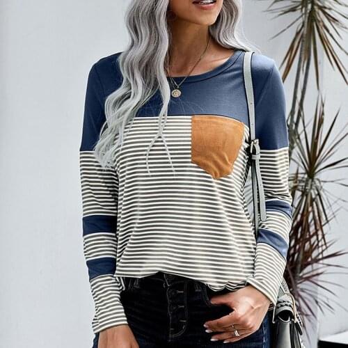Spring Autumn Womens Fashion Casual Striped Patchwork Round Neck Long Sleeve Loose T-Shirt Tops Plus Size Camisetas Mujer#35
