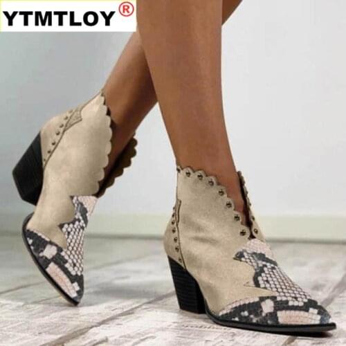 2020 Female Autumn Winter Lace PU Leather Cowboy Ankle Boots Women Wedge High Heel Booties Snake Print Western Boot Square Heel