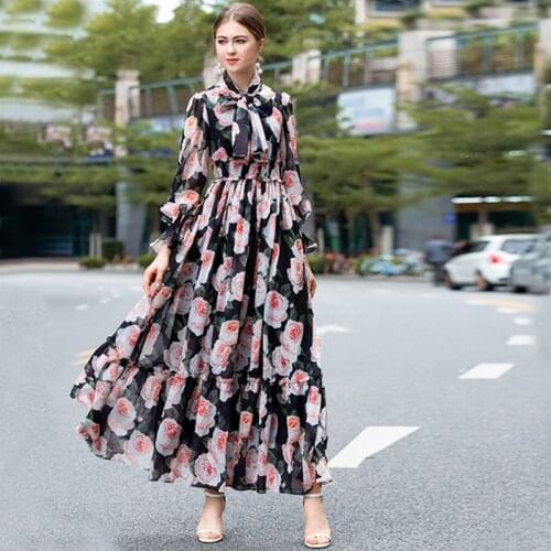 Women Runway Vintage Chiffon Flower Print Boho Maxi Dress Bow Lace-up Elastic Waist Elegant Vacation Party Long Dresses Vestidos
